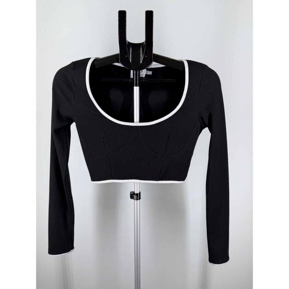 Princess Polly Womens Ribbed Long Sleeve Crop Top Black White Contrast Trim US 4